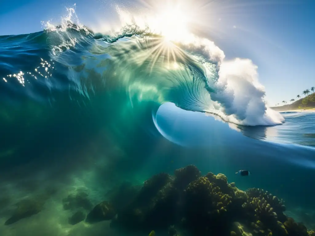 Una impresionante ola gigante con impacto tsunamis, capturando la fuerza bruta del océano y la vida marina