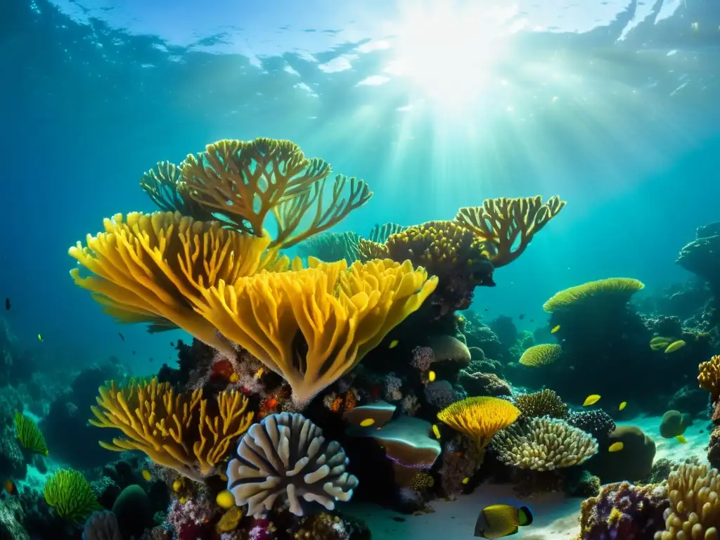 Un impresionante paisaje marino perfecto con rocas vivas, coral vibrante y peces en un mundo submarino vibrante y diverso