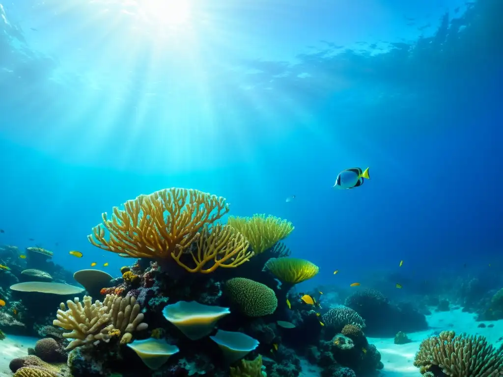 Un impresionante paisaje marino perfecto con rocas vivas: un vibrante arrecife de coral repleto de vida marina, plantas marinas y peces exóticos