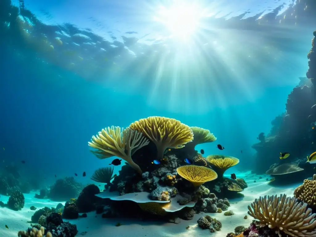 Un impresionante paisaje marino con vida coral vibrante y tecnologías emergentes para detectar contaminantes ocultos