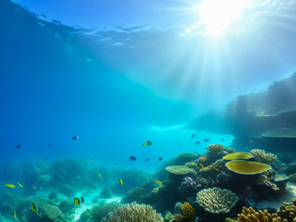 Un impresionante paisaje marino con vida submarina diversa y coloridos arrecifes de coral, evidenciando el conflicto pesca áreas protegidas marinas