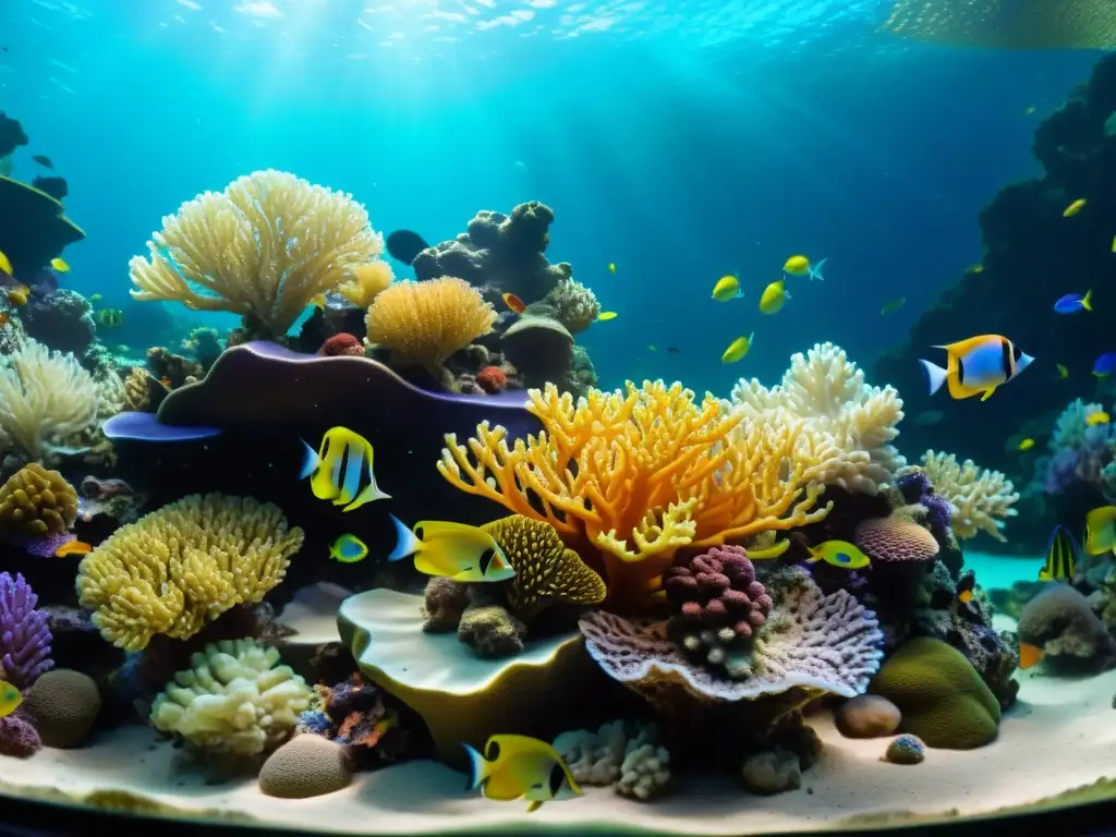 Un impresionante paisaje submarino en un acuario de agua cristalina, con peces de colores entre corales