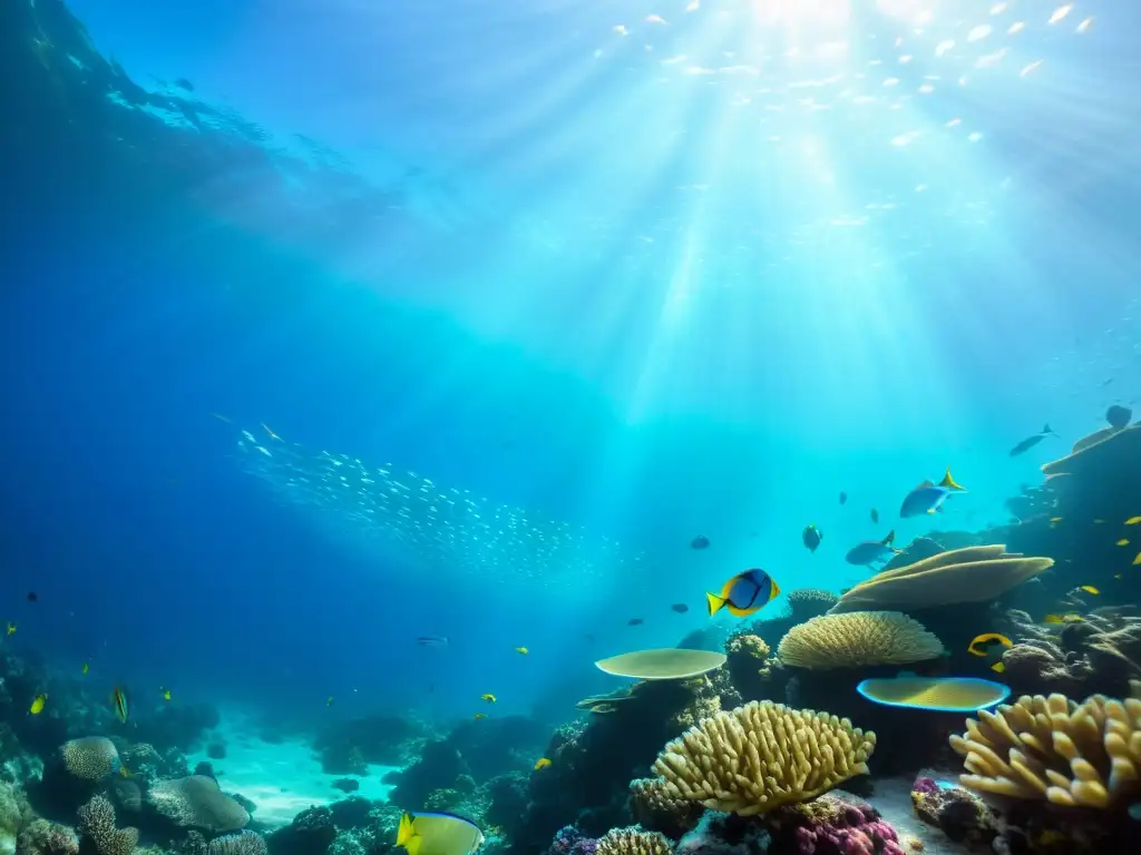 Un impresionante paisaje submarino con arrecifes de coral vibrantes y peces coloridos en un juego de luces y sombras