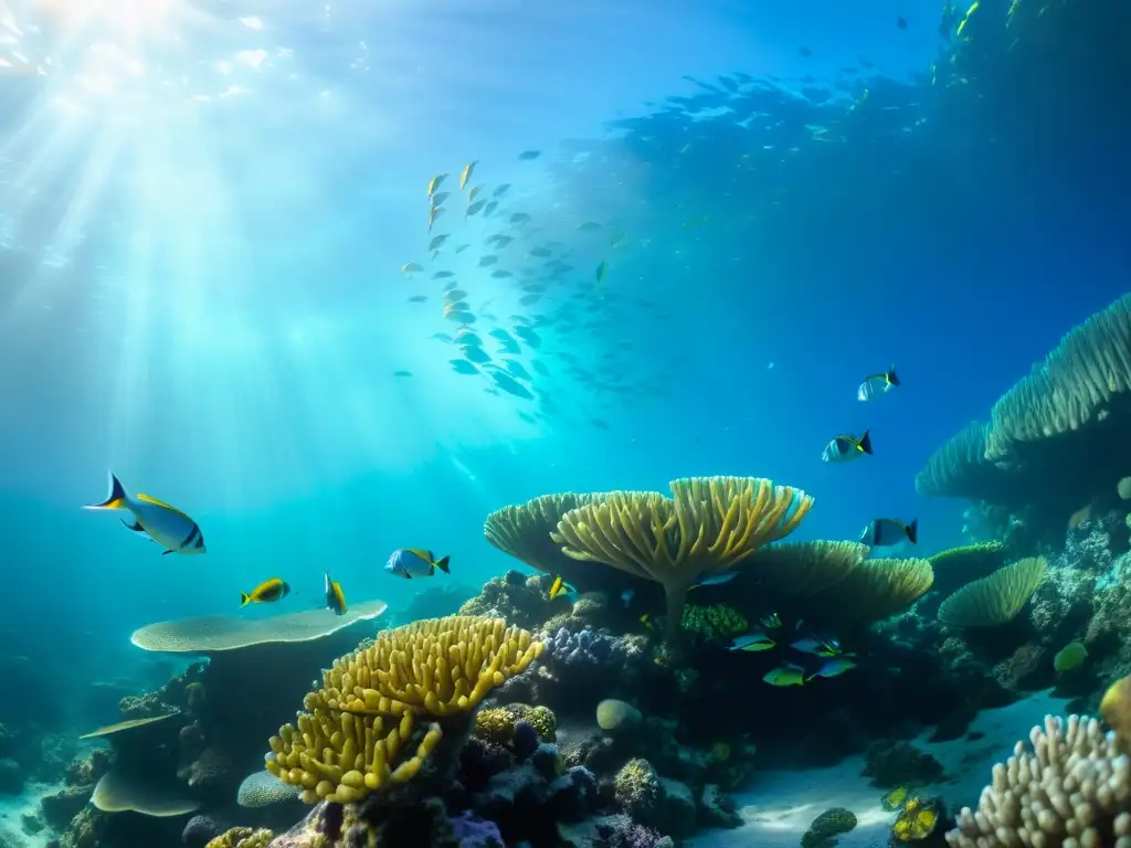 Un impresionante paisaje submarino con arrecifes de coral, peces coloridos, plantas marinas y formaciones rocosas