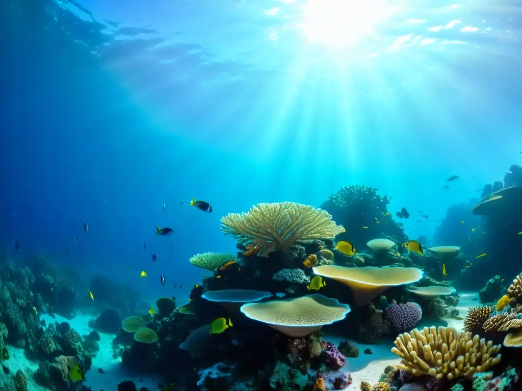 Un impresionante paisaje submarino de arrecifes de coral con peces de colores y vida marina, iluminado por los rayos del sol