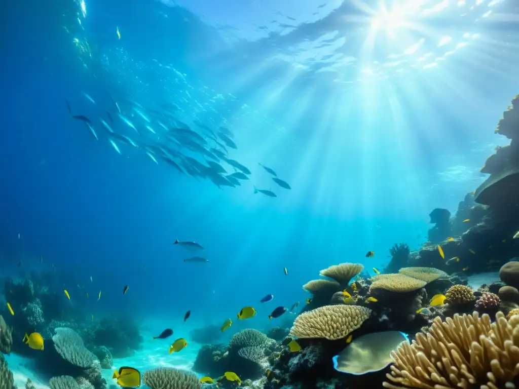 Un impresionante paisaje submarino con un banco de peces brillantes entre arrecifes de coral, bañado por rayos de sol