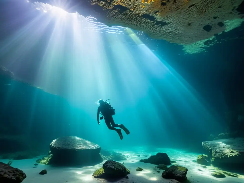 Un impresionante paisaje submarino en un cenote oscuro, iluminado por rayos de sol