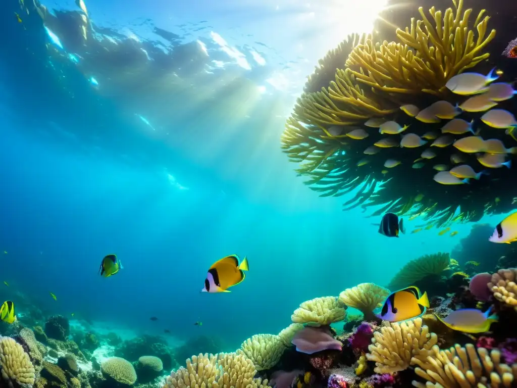 Un impresionante paisaje submarino con una colorida escuela de peces tropicales entre arrecifes de coral