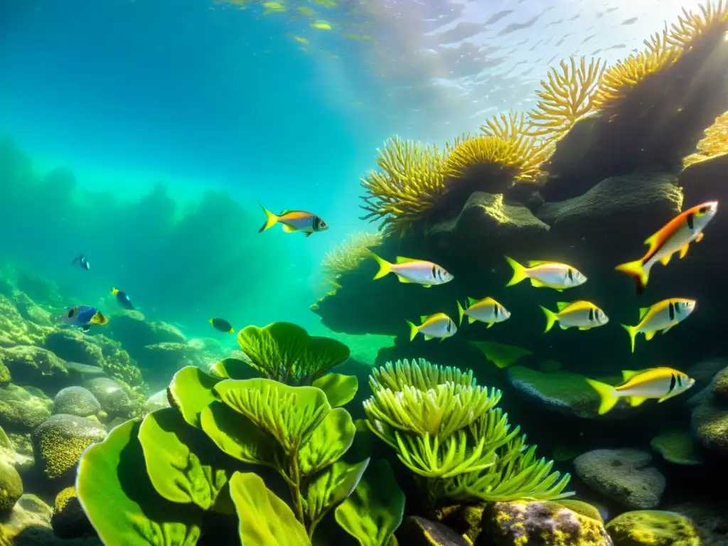 Un impresionante paisaje submarino con una colorida escuela de especies peces agua fría entre algas verdes y formaciones rocosas