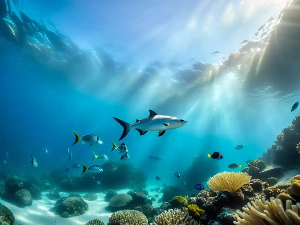 Un impresionante paisaje submarino capturando el dinamismo de cardúmenes de peces entre arrecifes de coral