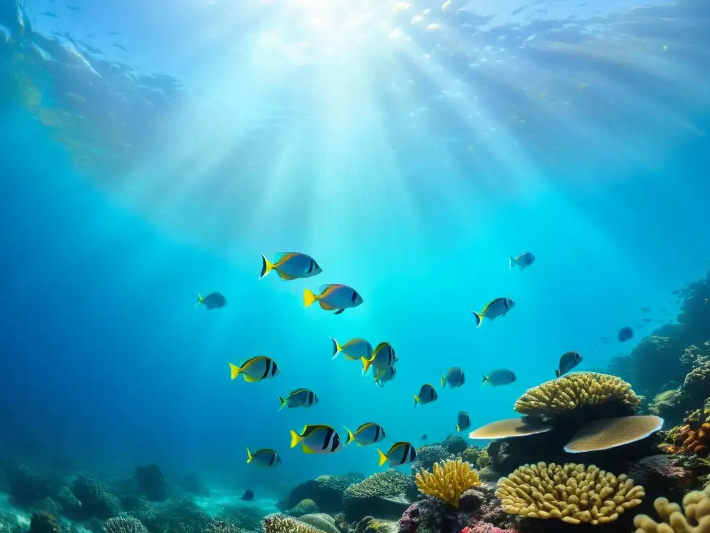 Un impresionante paisaje submarino con una escuela de peces tropicales nadando entre arrecifes de coral vibrantes en aguas cristalinas