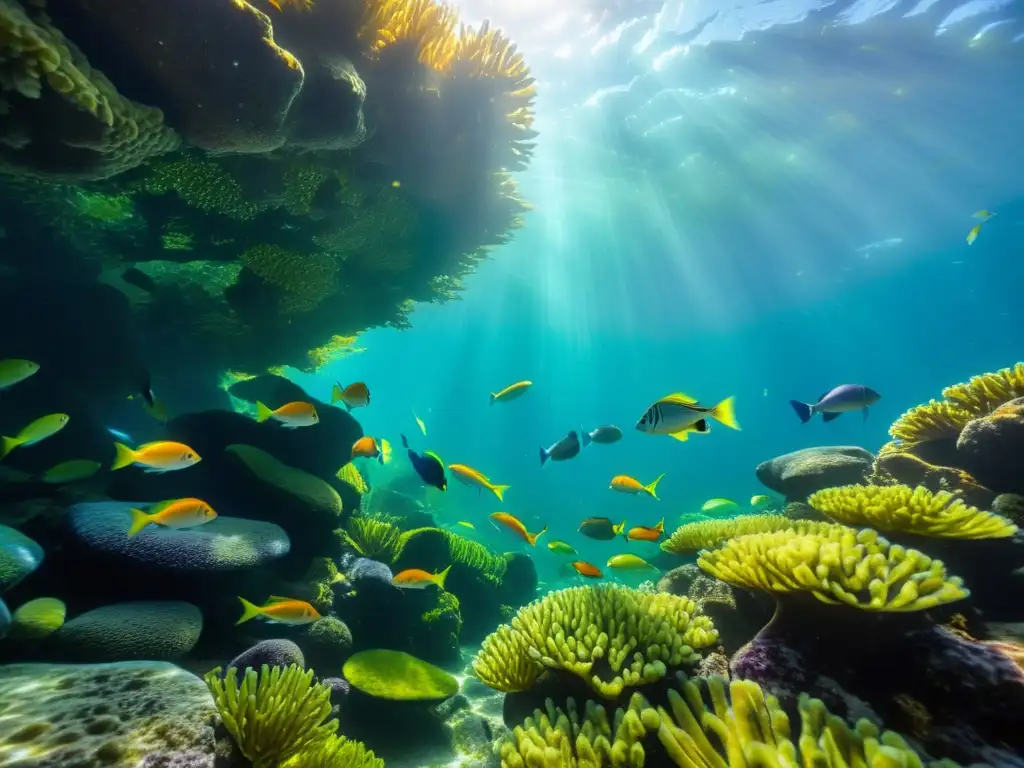 Un impresionante paisaje submarino con especies de peces de agua fría entre algas verdes vibrantes, bajo la luz del sol