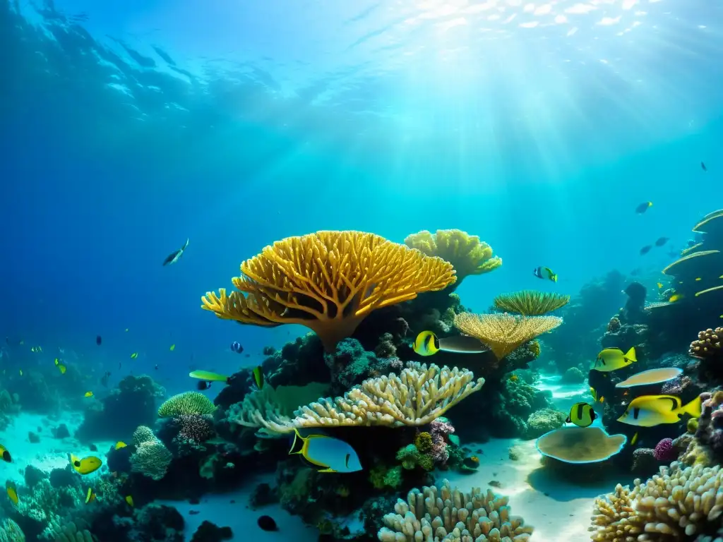 Un impresionante paisaje submarino que cuenta la historia de imágenes submarinas con un arrecife de coral vibrante y peces coloridos