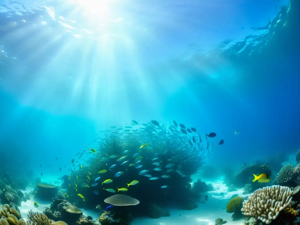 Un impresionante paisaje submarino que muestra la influencia de las corrientes marinas en el mundo, con corales vibrantes y peces diversos