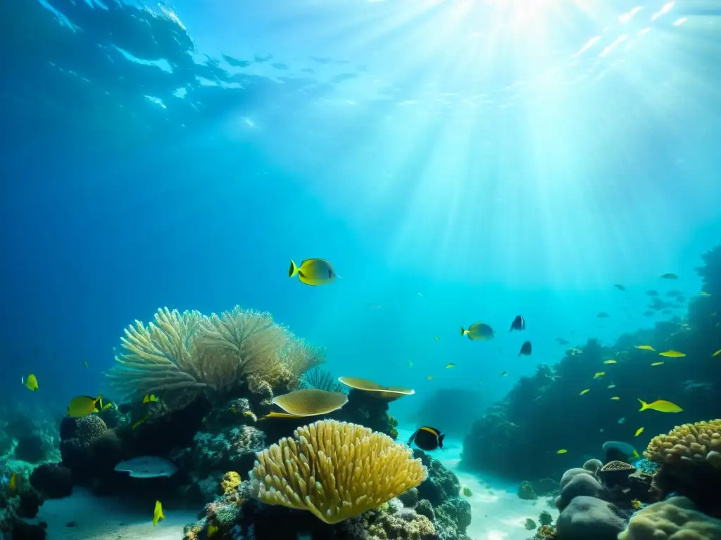 Un impresionante paisaje submarino en el Mar Mediterráneo, muestra la diversidad marina y sostenibilidad con corales, peces y rayos de luz