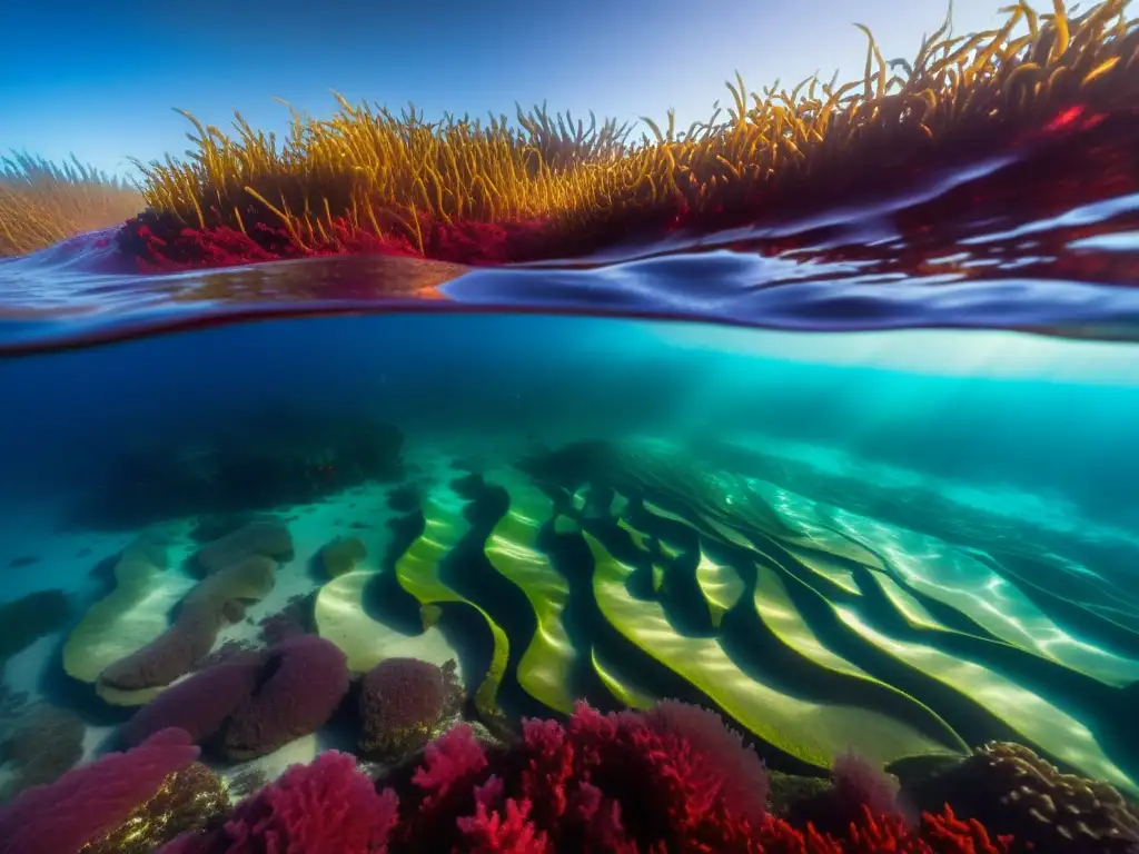 Un impresionante paisaje submarino de marea roja, con algas rojas y un ambiente misterioso