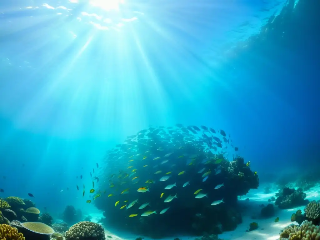 Un impresionante paisaje submarino con peces tropicales vibrantes, rayos de sol y coral colorido