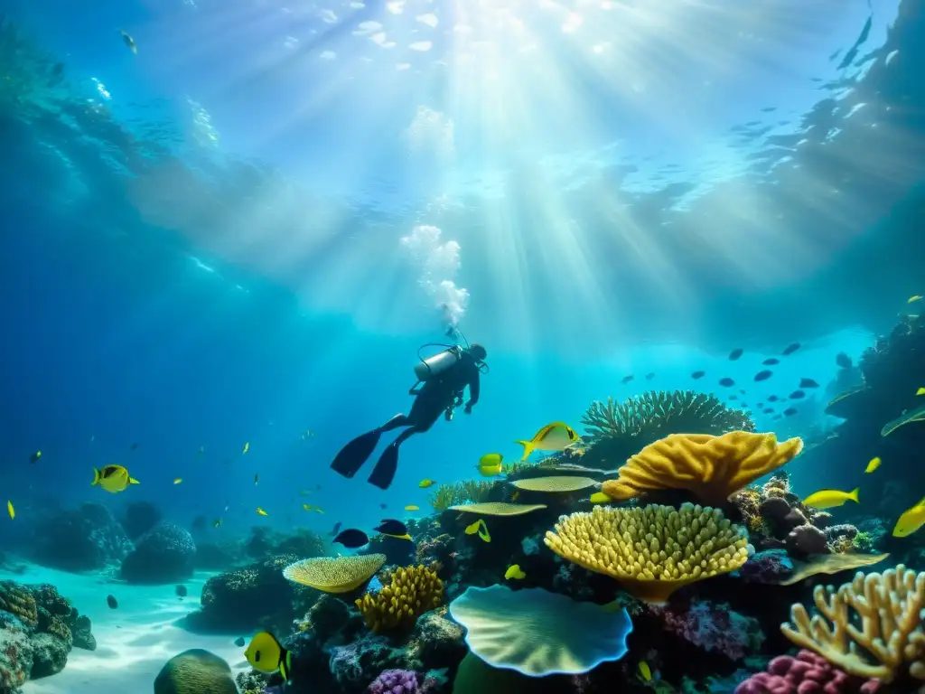 Un impresionante paisaje submarino con un vibrante arrecife de coral, peces coloridos y plantas marinas