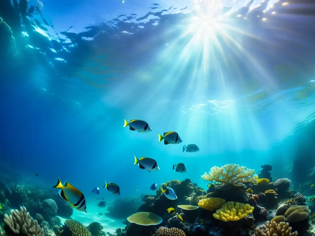 Un impresionante paisaje submarino muestra vibrante vida marina entre corales, evocando asombro y belleza