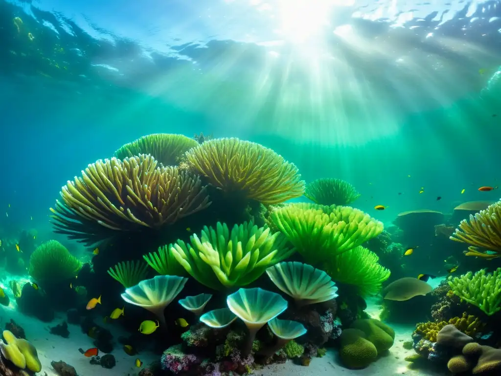 Un impresionante paisaje submarino con un vibrante arrecife de coral y beneficios de las algas marinas en un entorno tranquilo y lleno de vida marina