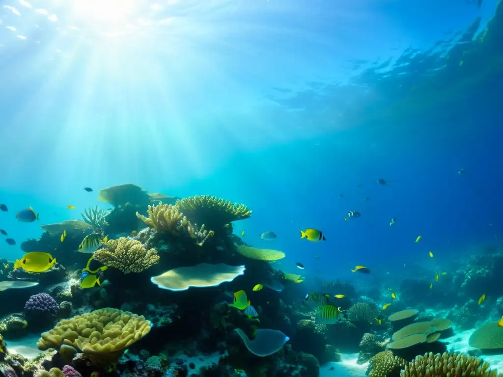 Un impresionante paisaje submarino con un vibrante arrecife de coral y una diversidad de vida marina