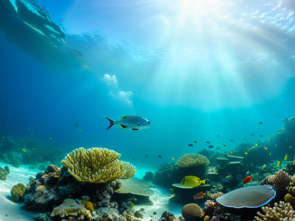 Un impresionante paisaje submarino con vida marina diversa y vibrante, incluyendo mariscos estacionales