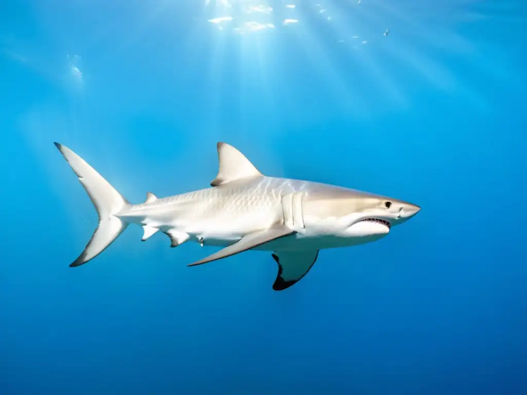 Un impresionante tiburón plateado nada elegantemente en aguas cristalinas, mostrando la evolución de la piel de tiburones con detalle y elegancia