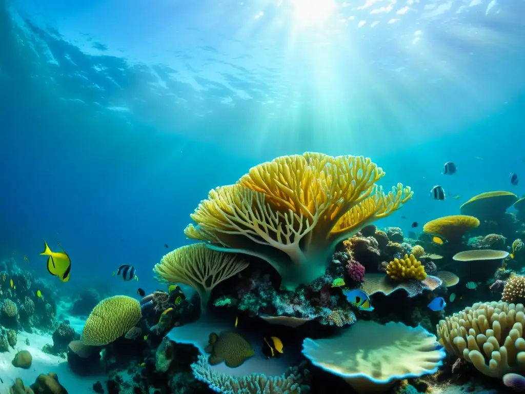 Una impresionante fotografía ética de profundidades marinas, con un arrecife de coral colorido y vida marina vibrante