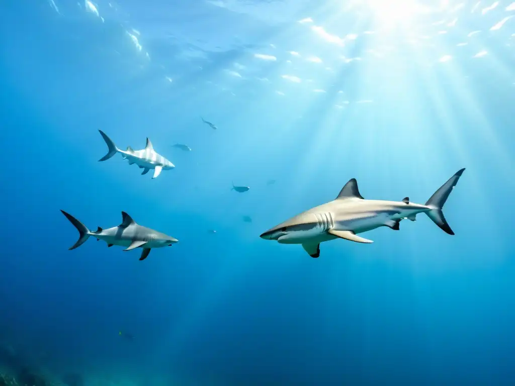 Un impresionante retrato en 8k de diversas especies de peces cartilaginosos nadando en su hábitat natural bajo el agua cristalina