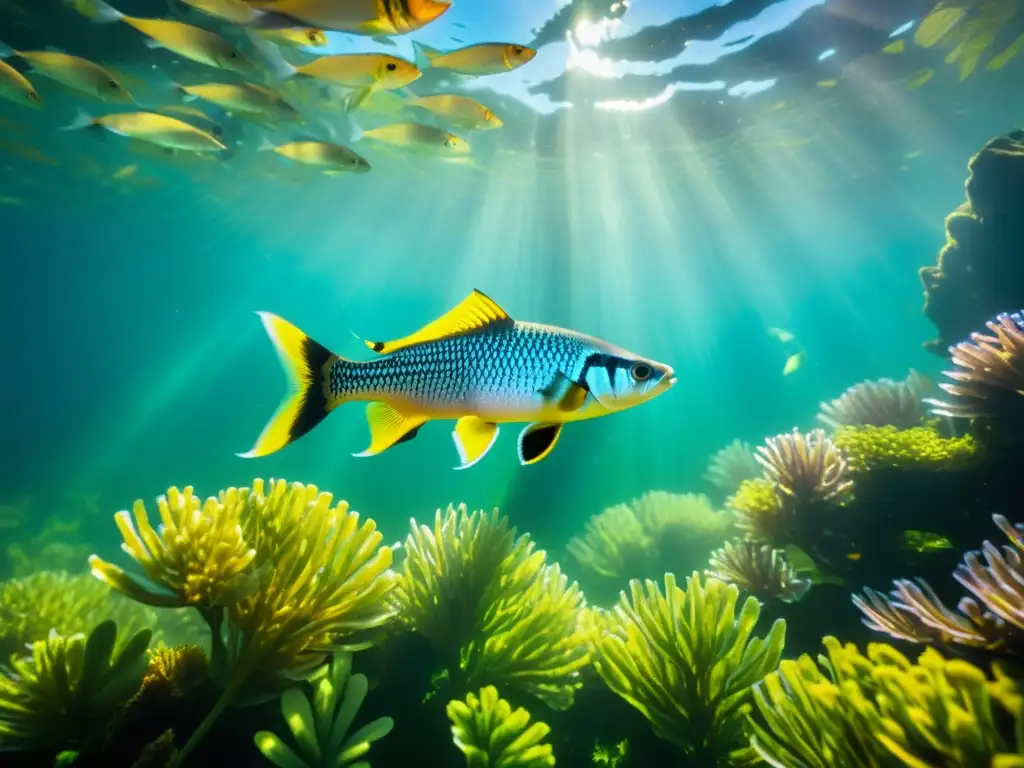 Un impresionante retrato submarino de un cardumen de peces de agua dulce entre plantas acuáticas coloridas