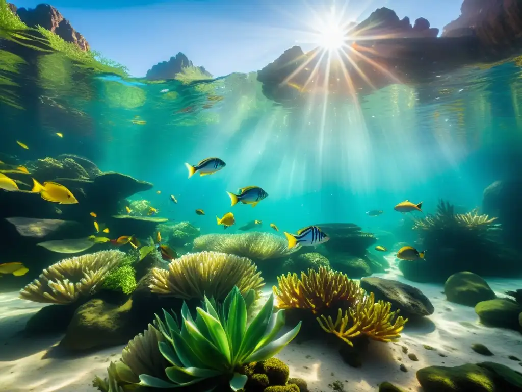 Un impresionante retrato submarino de un vibrante cardumen de peces de agua dulce entre plantas acuáticas y formaciones rocosas