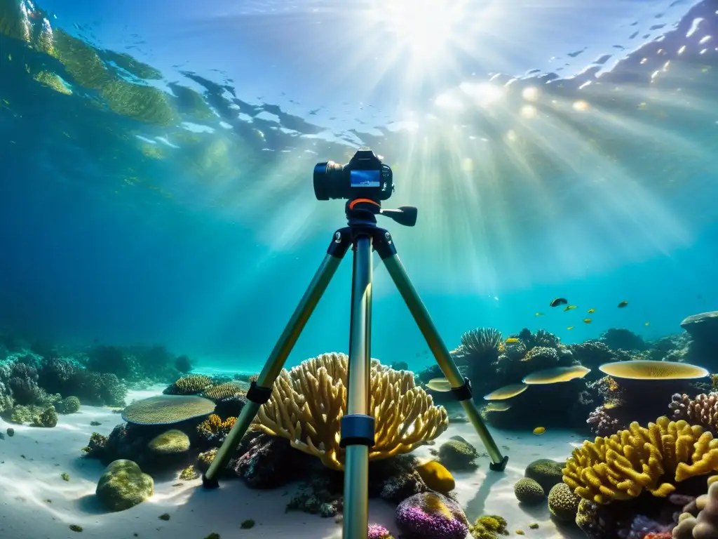 Una impresionante fotografía subacuática de un trípode metálico sumergido en aguas cristalinas, rodeado de vida marina y arrecifes de coral vibrantes