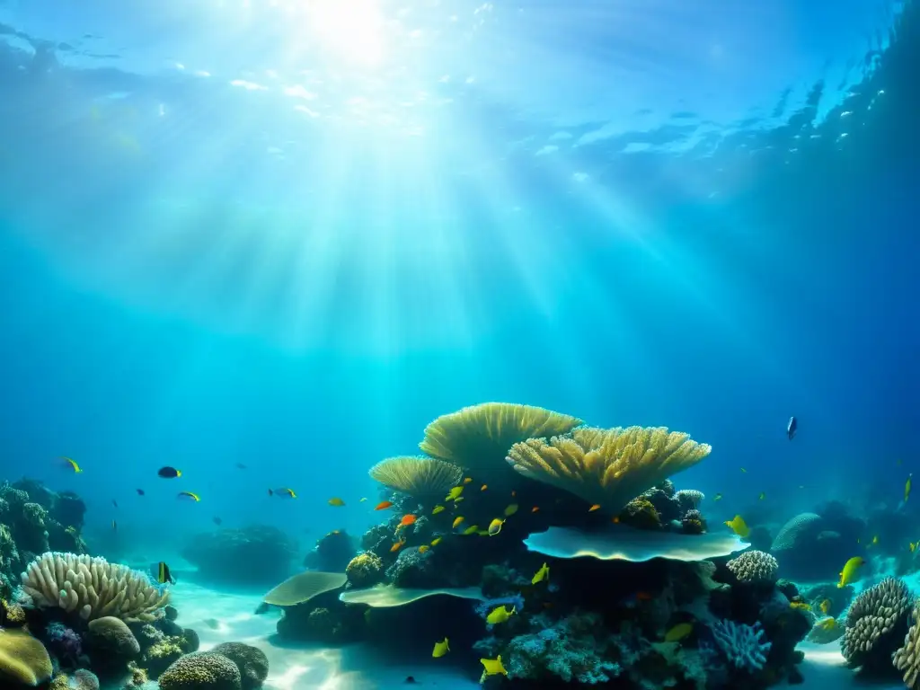 Una impresionante fotografía subacuática de un vibrante arrecife de coral repleto de peces coloridos y vida marina