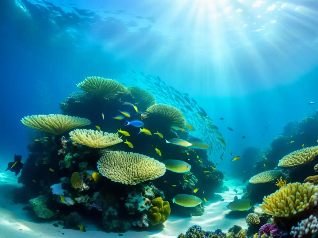 Una impresionante fotografía submarina que muestra un arrecife de coral vibrante lleno de vida marina colorida