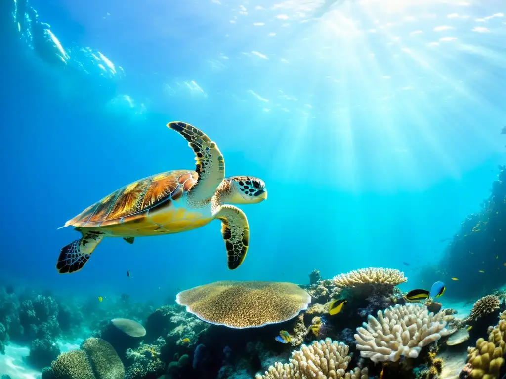 Una impresionante fotografía submarina que destaca un arrecife de coral vibrante y diverso, iluminado por la luz solar en el agua cristalina