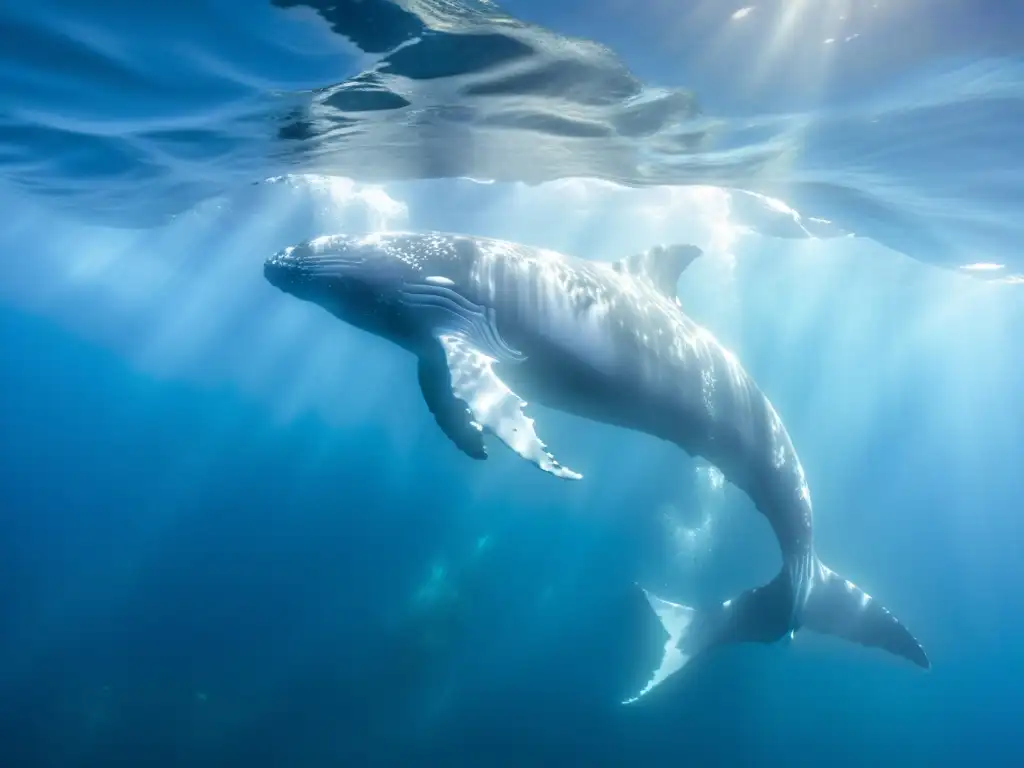Madre ballena y cría: belleza submarina Una impresionante fotografía submarina captura a una madre ballena jorobada nadando con gracia junto a su cría recién nacida en el proceso de gestación de cetáceos