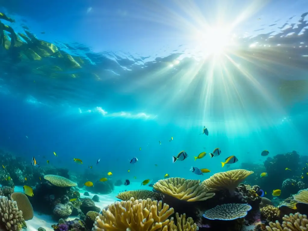 Una impresionante fotografía submarina capturada en aguas cristalinas, mostrando un arrecife de coral colorido rebosante de vida marina vibrante