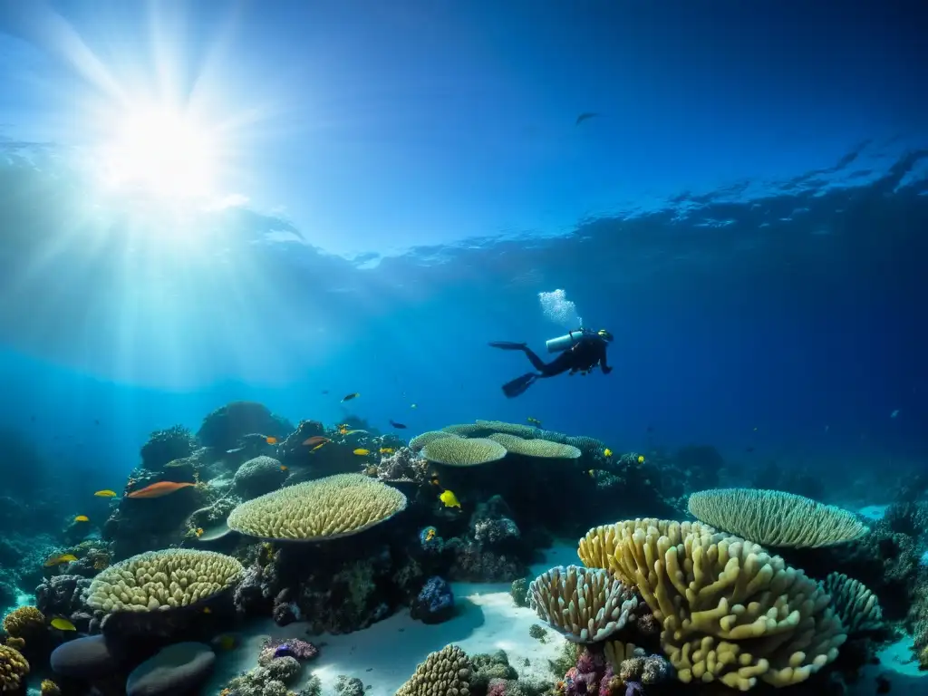 Una impresionante fotografía submarina que captura las diferencias entre La Niña y El Niño con tonos azules y cálidos, vida marina y corales coloridos