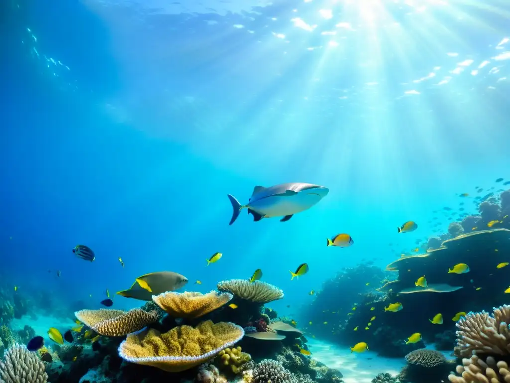 Una impresionante fotografía submarina que muestra la diversidad de vida marina en un arrecife de coral vibrante