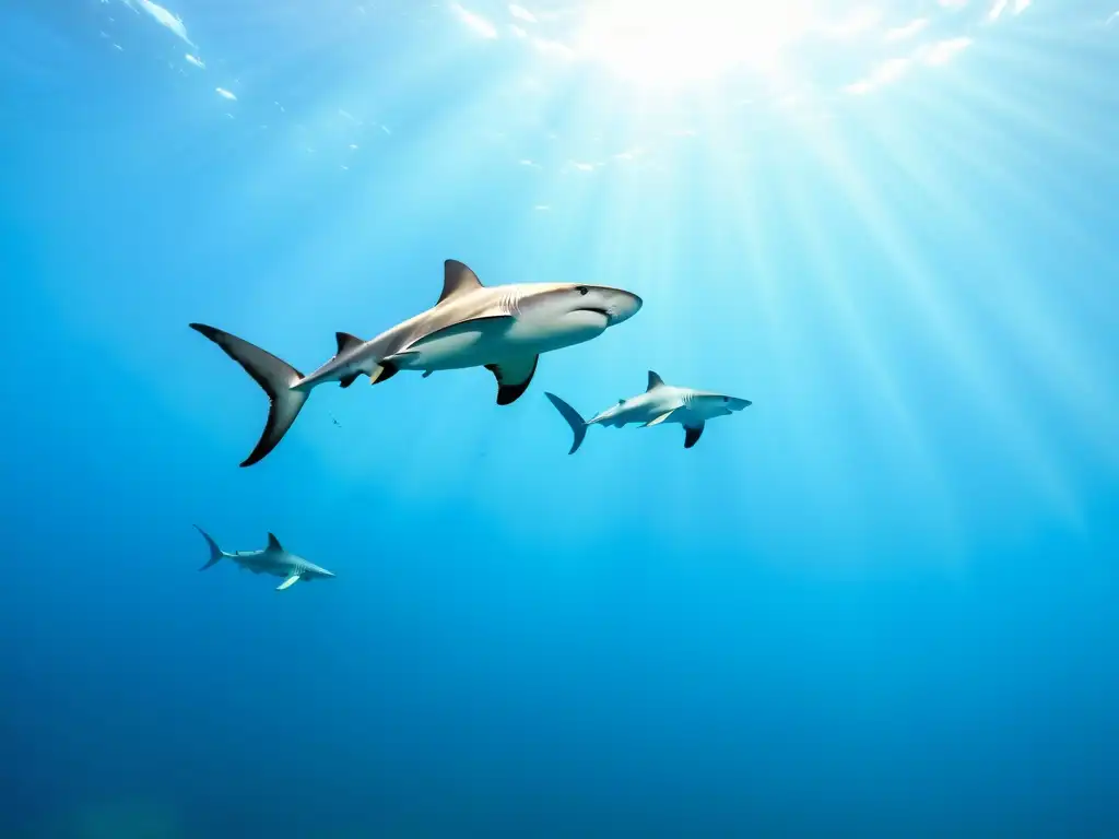 Una impresionante fotografía submarina capturando una escuela de elegantes y poderosos tiburones martillo navegando con gracia en las aguas azules