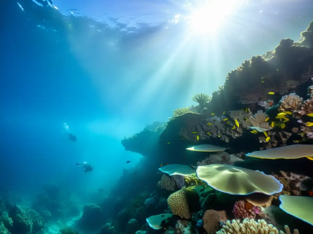 Una impresionante fotografía submarina de una formación de fosas marinas tectónica, con vida marina vibrante y un paisaje geológico fascinante