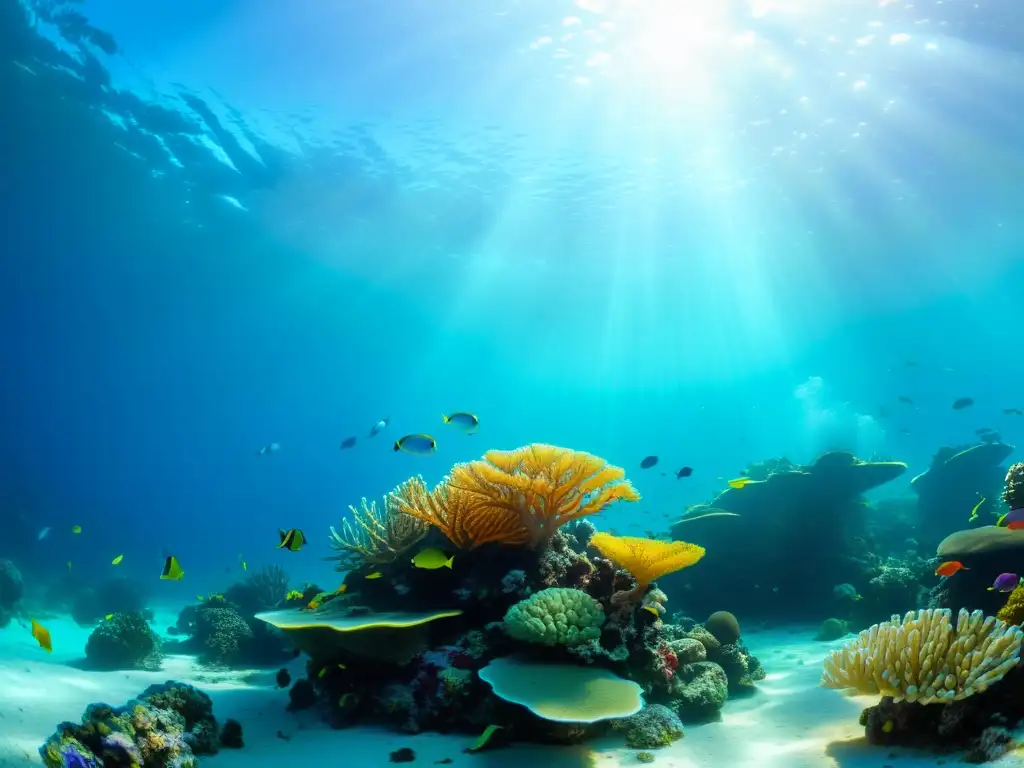 Una impresionante fotografía submarina que cuenta la historia de imágenes submarinas con un vibrante arrecife de coral lleno de vida marina colorida