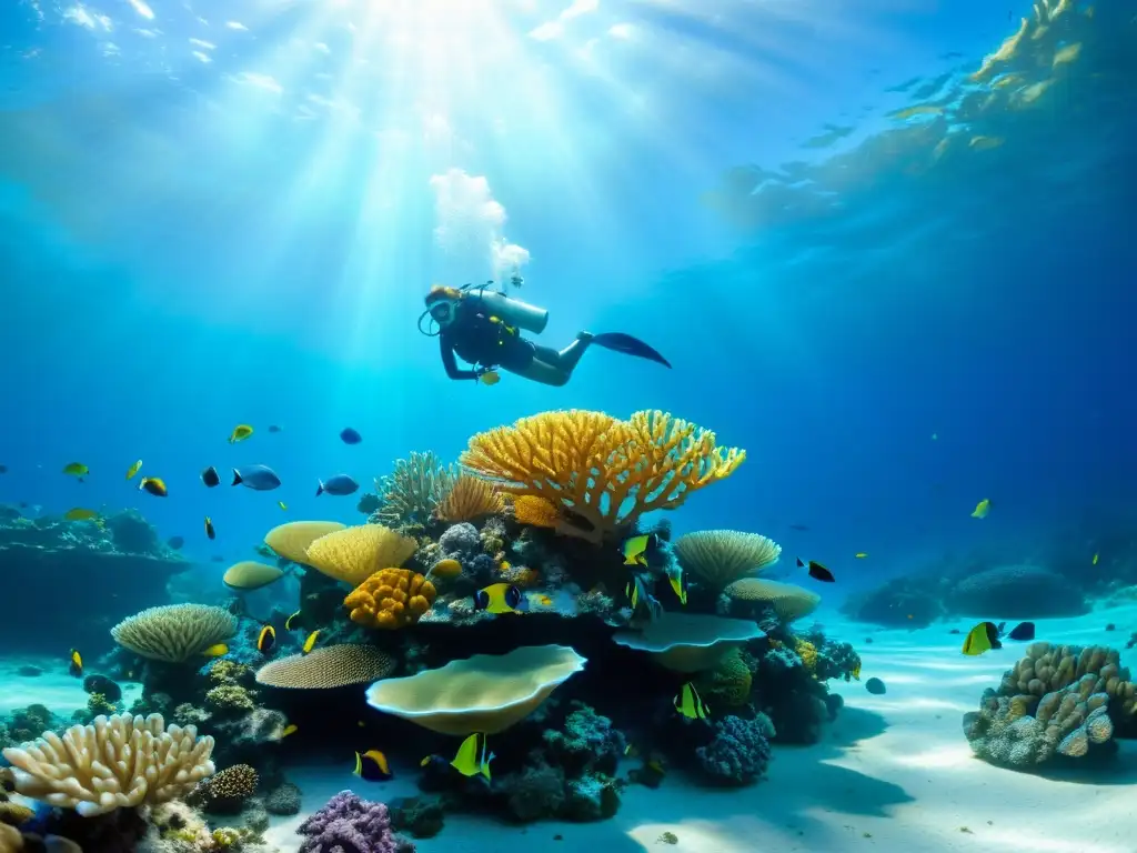 Una impresionante fotografía submarina que muestra la importancia de las redes ecológicas submarinas, con un vibrante arrecife de coral lleno de vida y diversidad marina bajo el agua azul clara