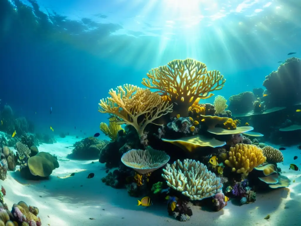 Una impresionante fotografía submarina con luz natural, mostrando un vibrante arrecife de coral, vida marina colorida y detalles fascinantes