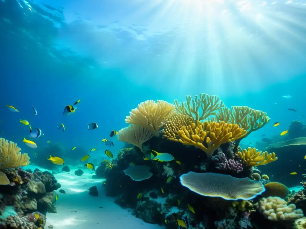 Una impresionante fotografía submarina con luz natural, muestra un vibrante arrecife de coral, peces de colores y patrones de luz solar