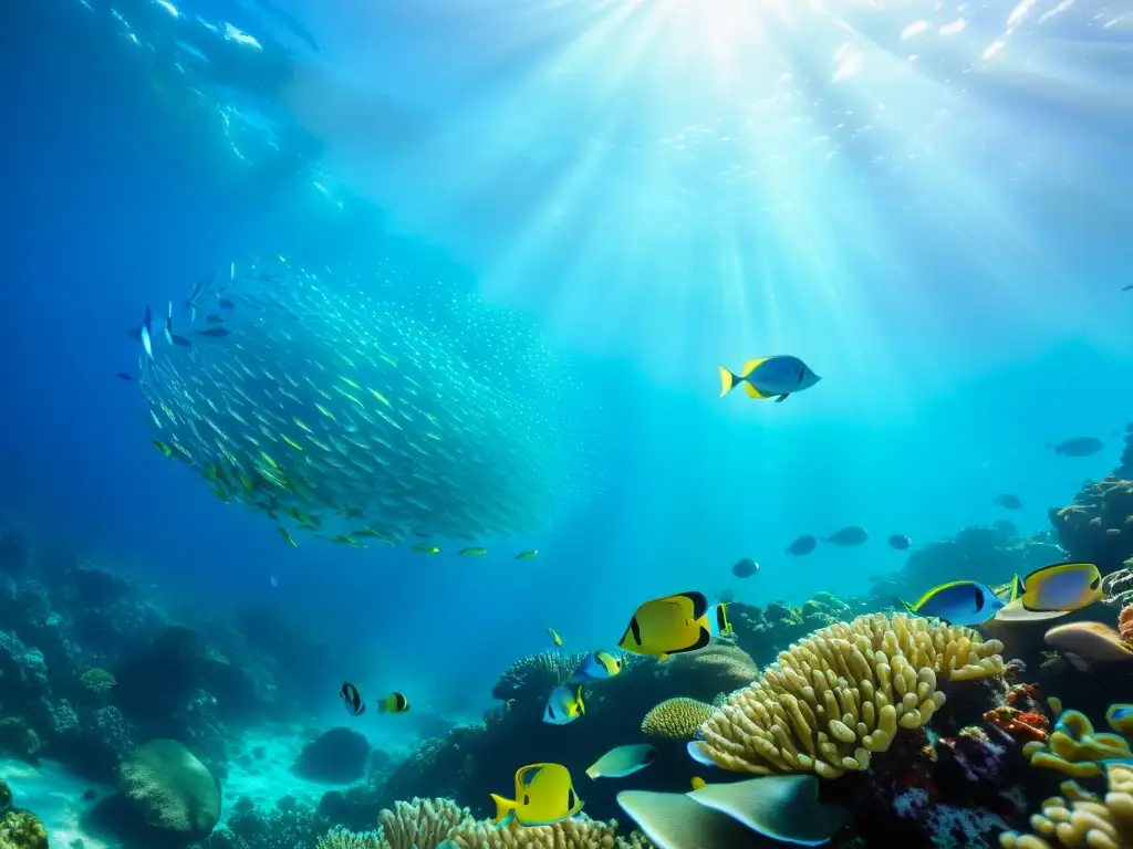 Una impresionante fotografía submarina de vida marina con un vibrante arrecife de coral y una colorida escuela de peces