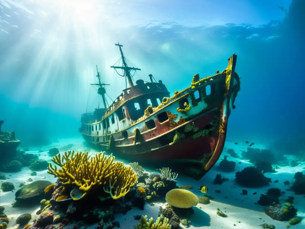 Una impresionante fotografía submarina de un misterioso naufragio rodeado de vida marina vibrante, con rayos de luz solar iluminando la escena