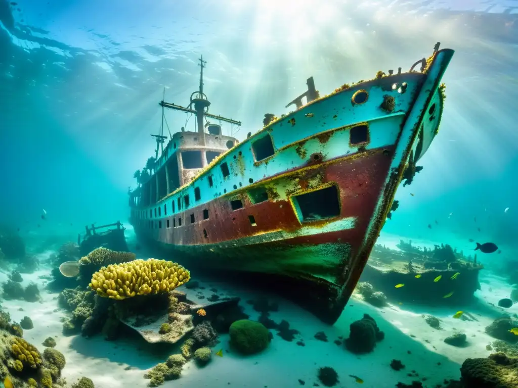 Una impresionante fotografía submarina de un naufragio cubierto de colorido coral y vida marina