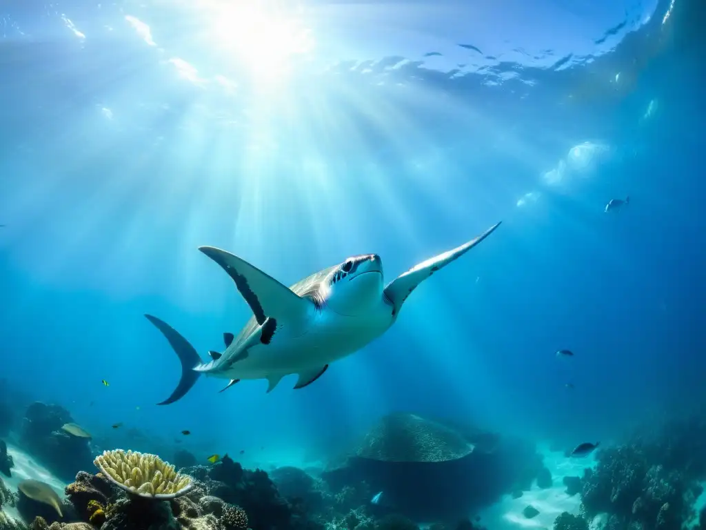 Una impresionante fotografía submarina que captura la poderosa y serena movilidad de las corrientes oceánicas, con luz filtrándose a través del agua para iluminar el dinámico juego de luces y sombras en el fondo del mar, repleto de vida marina y energía