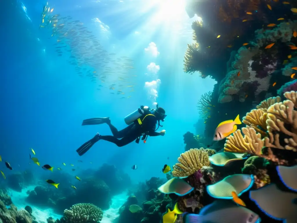 Una impresionante fotografía submarina para principiantes: un buzo rodeado de coral vibrante y peces coloridos